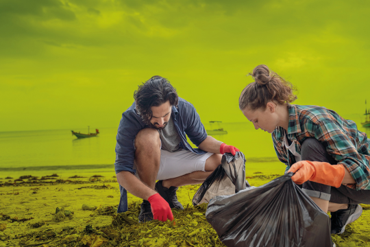 Two people picking garbage by the lake